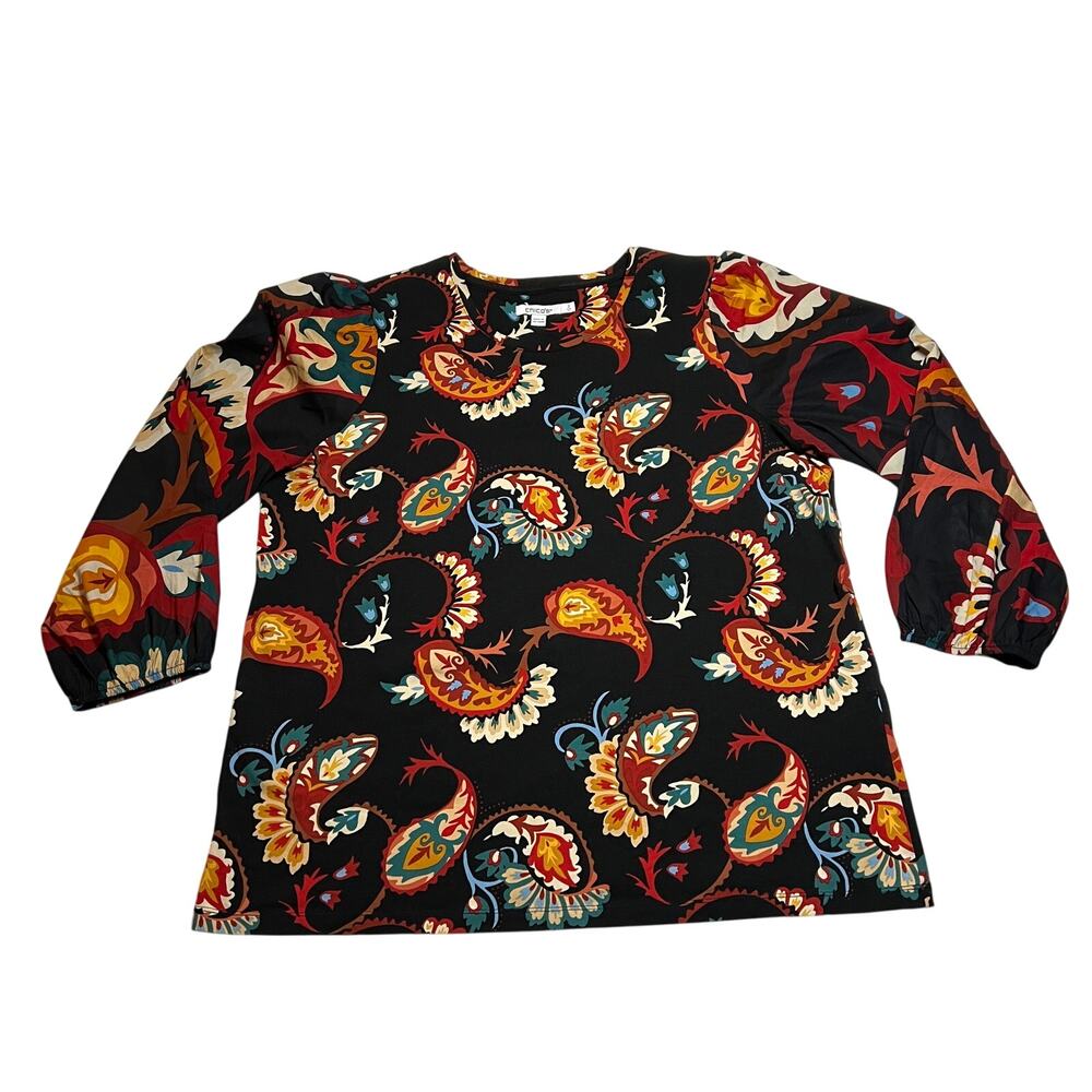Chico's Crewneck Paisley Floral Top Size L Mixed Media Boho Cottagecore Casual